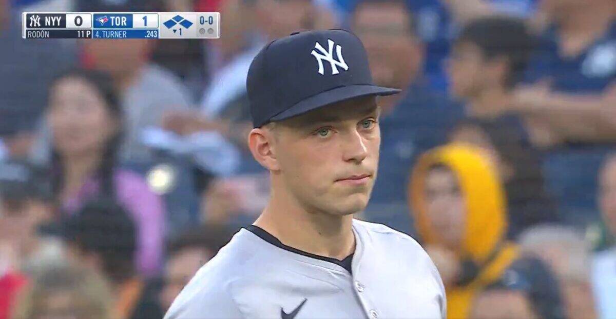 Ben Rice of the Yankees reacts after making a defensive error at first base in Toronto on June 27, 2024.