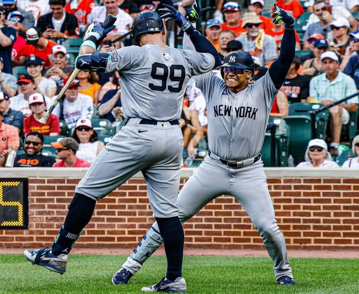 Yankees stars Aaron Judge and Juan Soto celebrate after their home run against the Baltimore Orioles at Camden Yards on July 13, 2024.