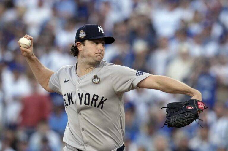 Yankees' Gerrit Cole throws against the Los Angeles Dodgers during the Game 1 of the World Series, Friday, Oct. 25, 2024, in California.